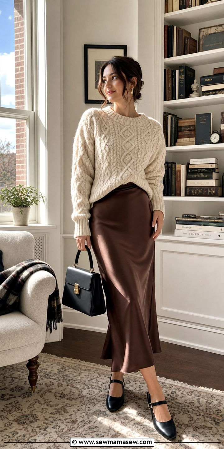 Cable knit sweater with midi slip skirt and mary janes - 25 Dark academia outfit ideas 2026