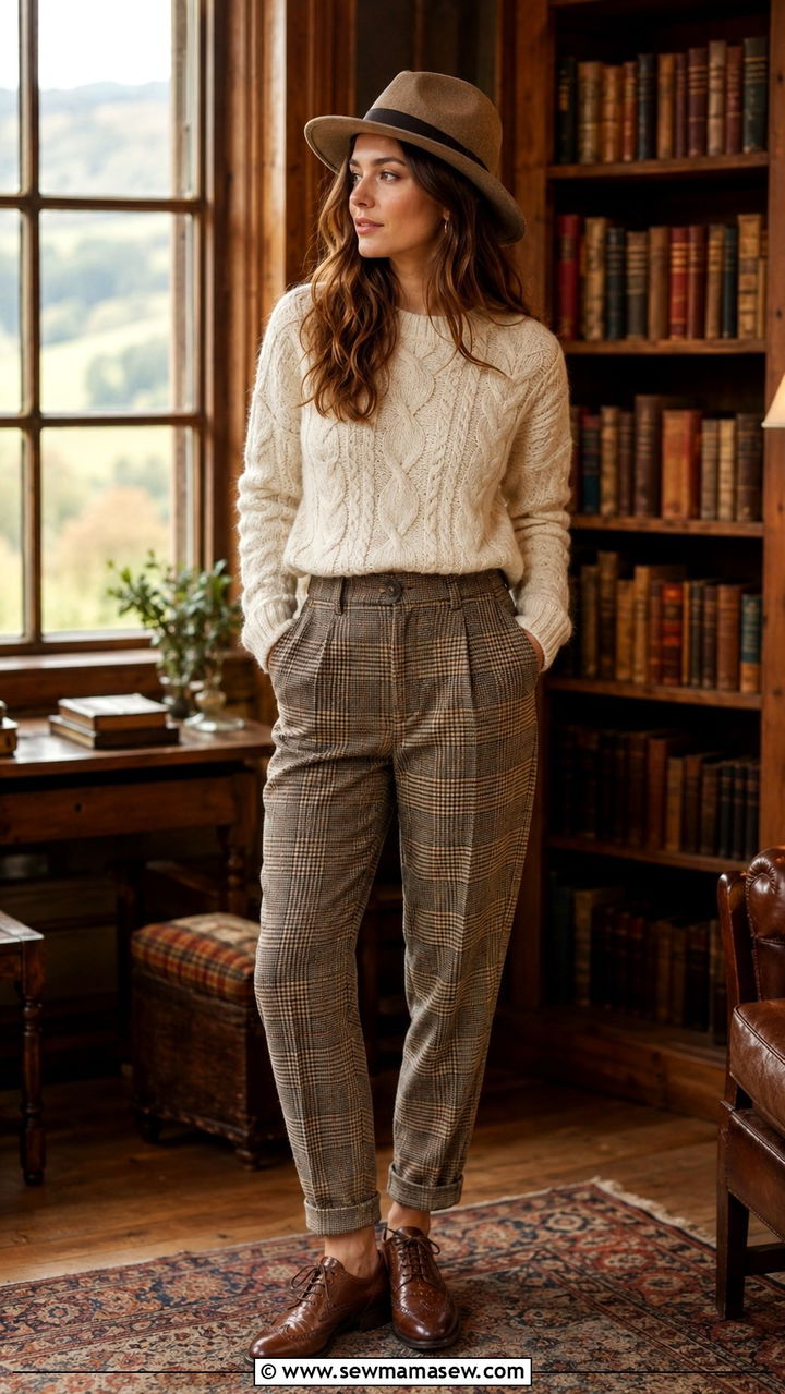 Cable knit sweater with plaid trousers and leather brogues - 25 Old money outfit ideas with equestrian style
