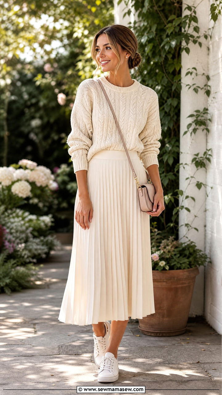 Cable knit sweater with pleated midi skirt outfit - 30 Cozy spring outfit ideas 2026