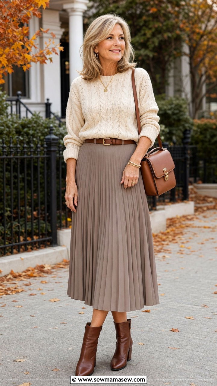 Cable knit sweater with pleated midi skirt outfit - 35 Business casual outfits for women over 50