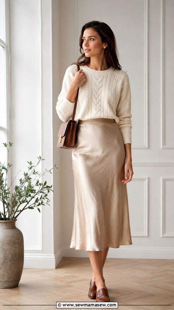 Cable knit sweater with satin midi skirt and loafers - 25 Polished spring outfit ideas 2026