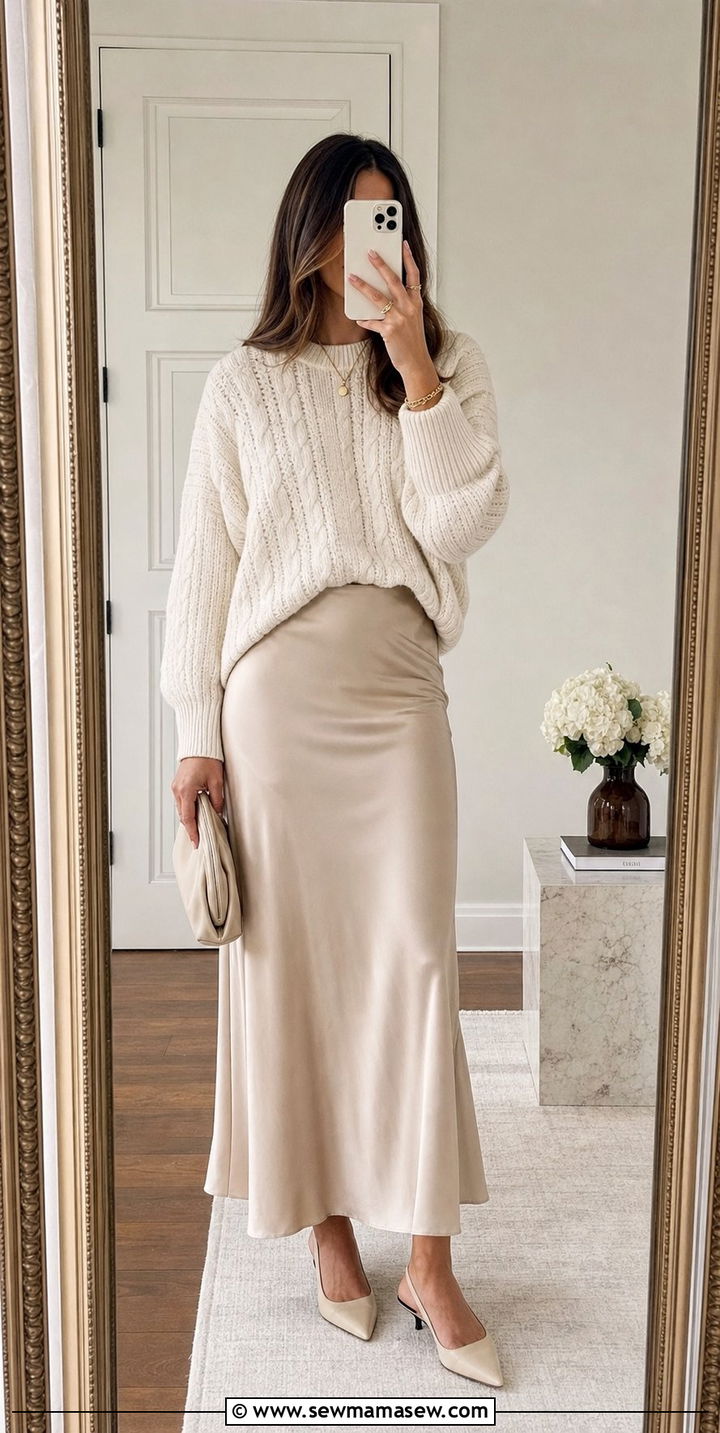 Cable knit sweater with satin slip skirt - 35 Cable knit sweater outfit ideas