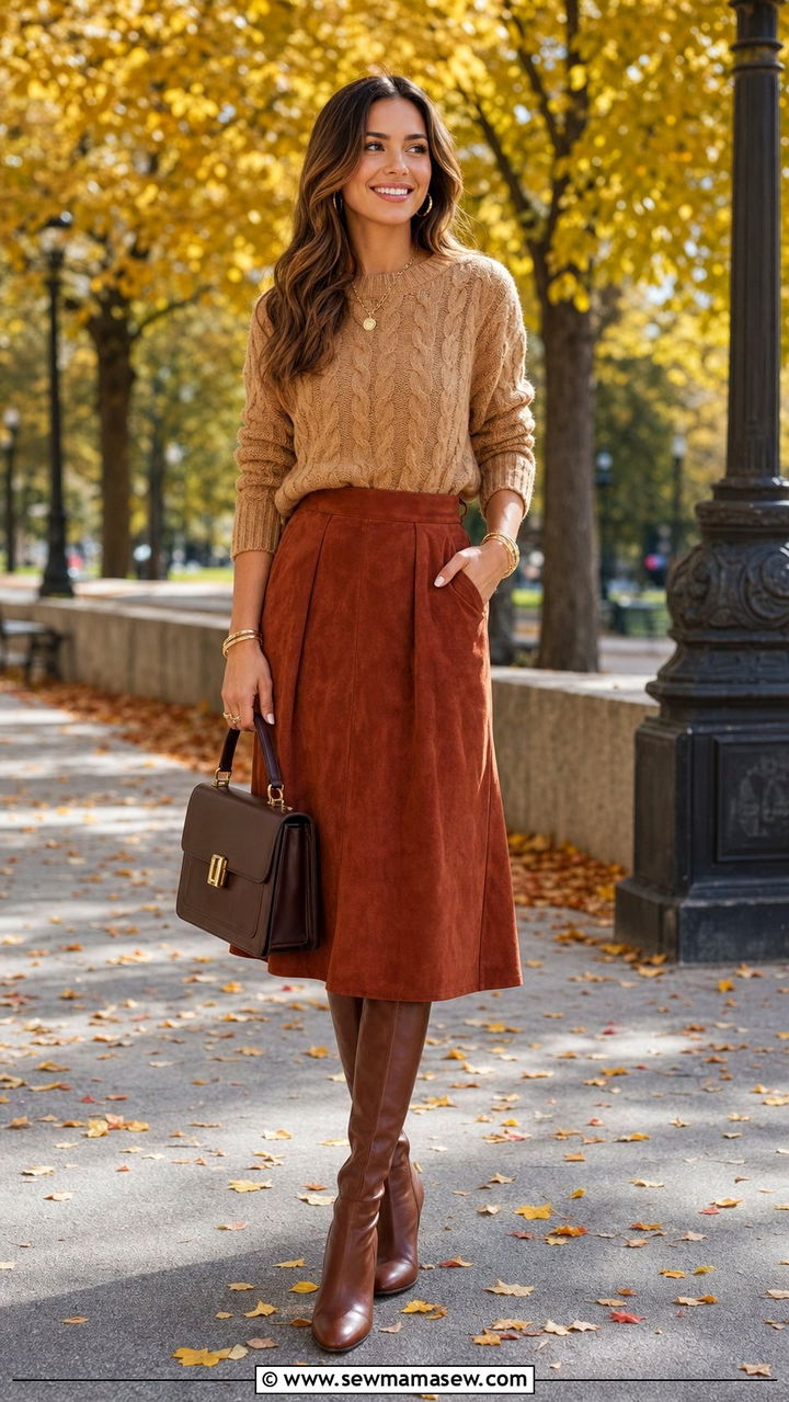 Cable knit sweater with suede skirt - 35 Cable knit sweater outfit ideas