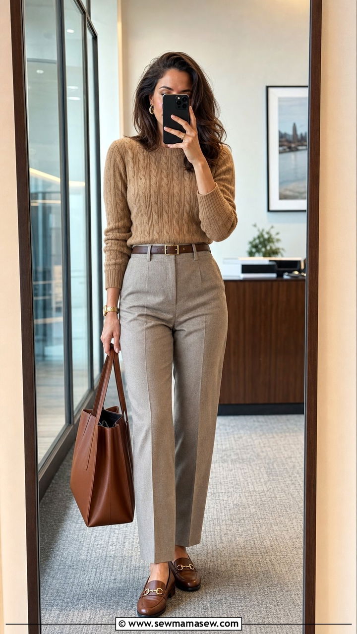 Cable knit sweater with tailored trousers and loafers - 35 Cable knit sweater outfit ideas