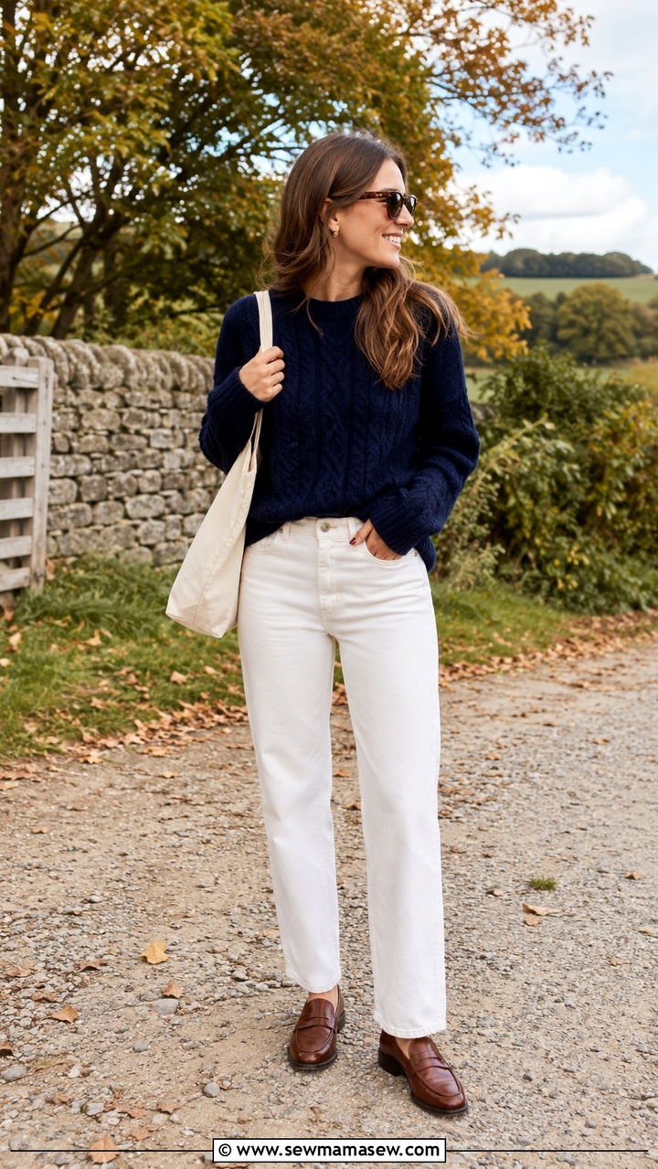 Cable knit sweater with white jeans and loafers outfit - 30 In between season outfit ideas