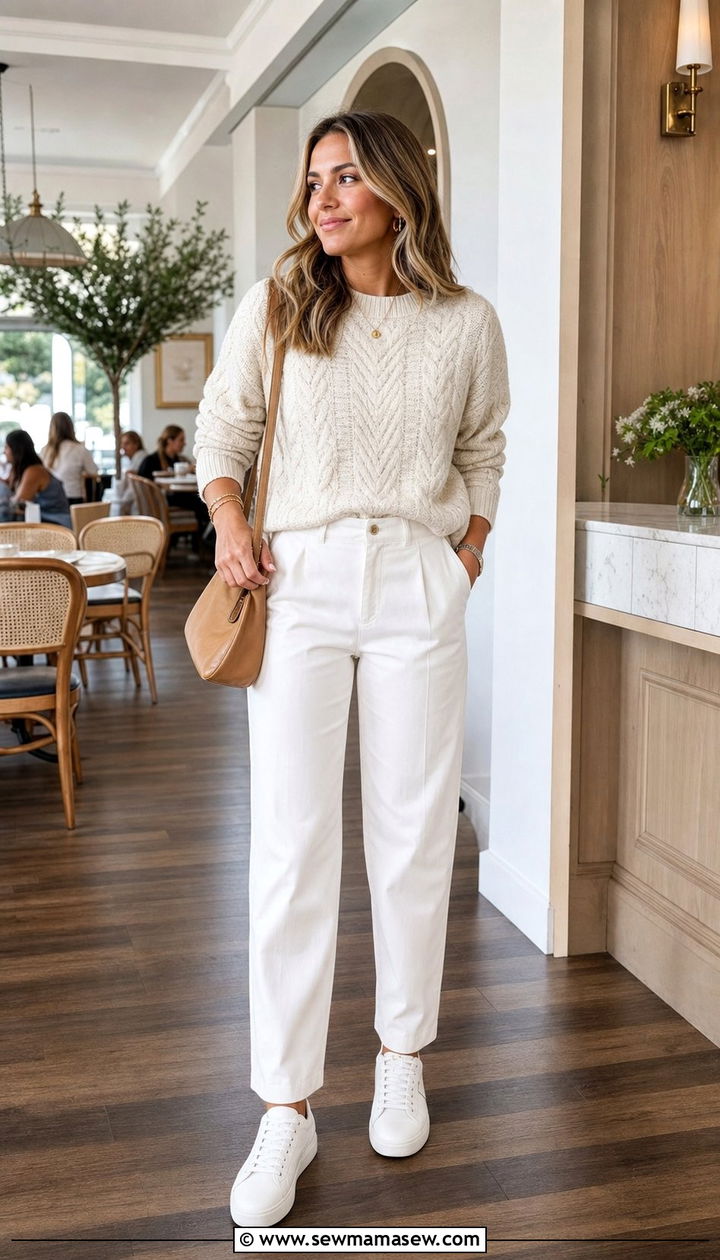 Cable knit sweater with white trousers and sneakers - 35 Cable knit sweater outfit ideas