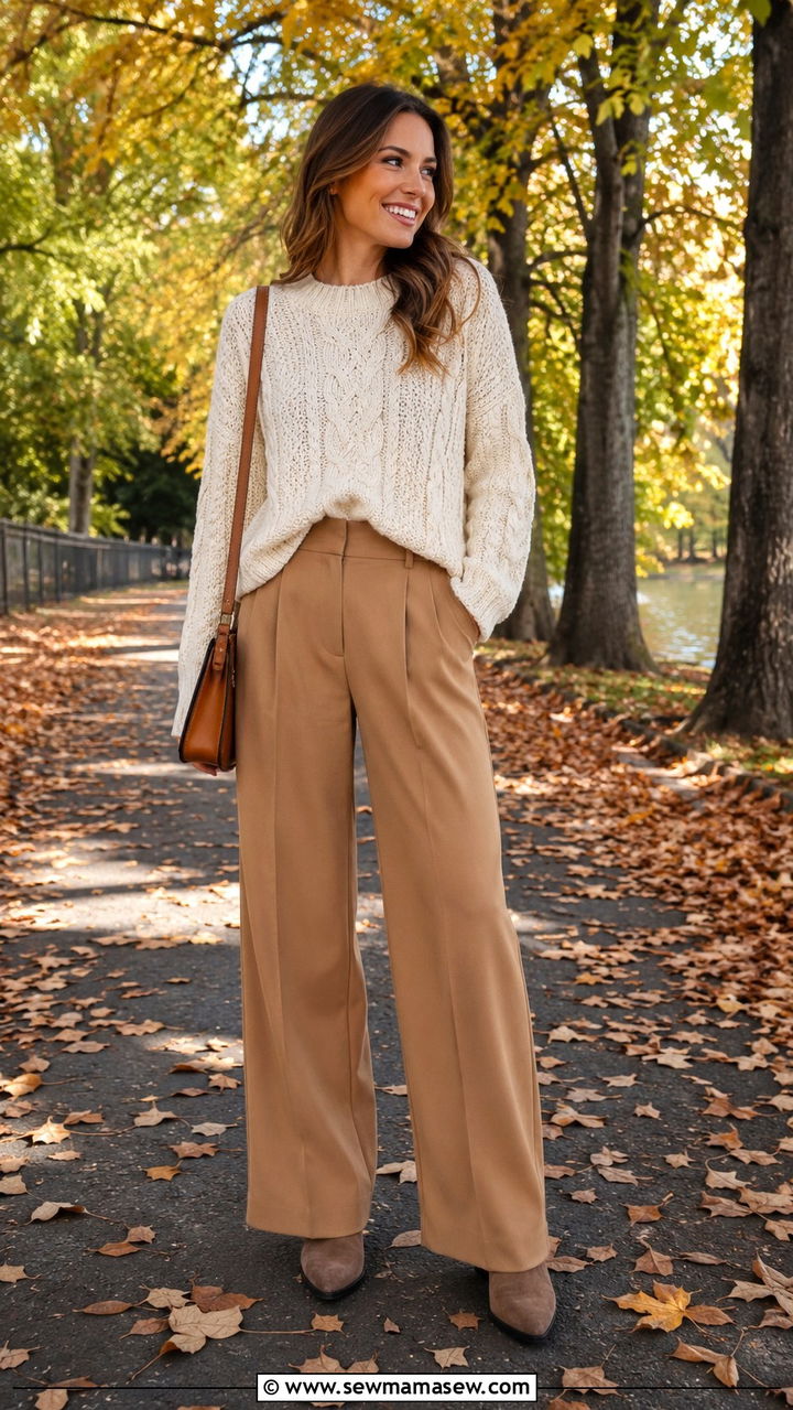 Cable knit sweater with wide leg pants outfit for 30 year old - 25 Outfit ideas for 30 year old woman