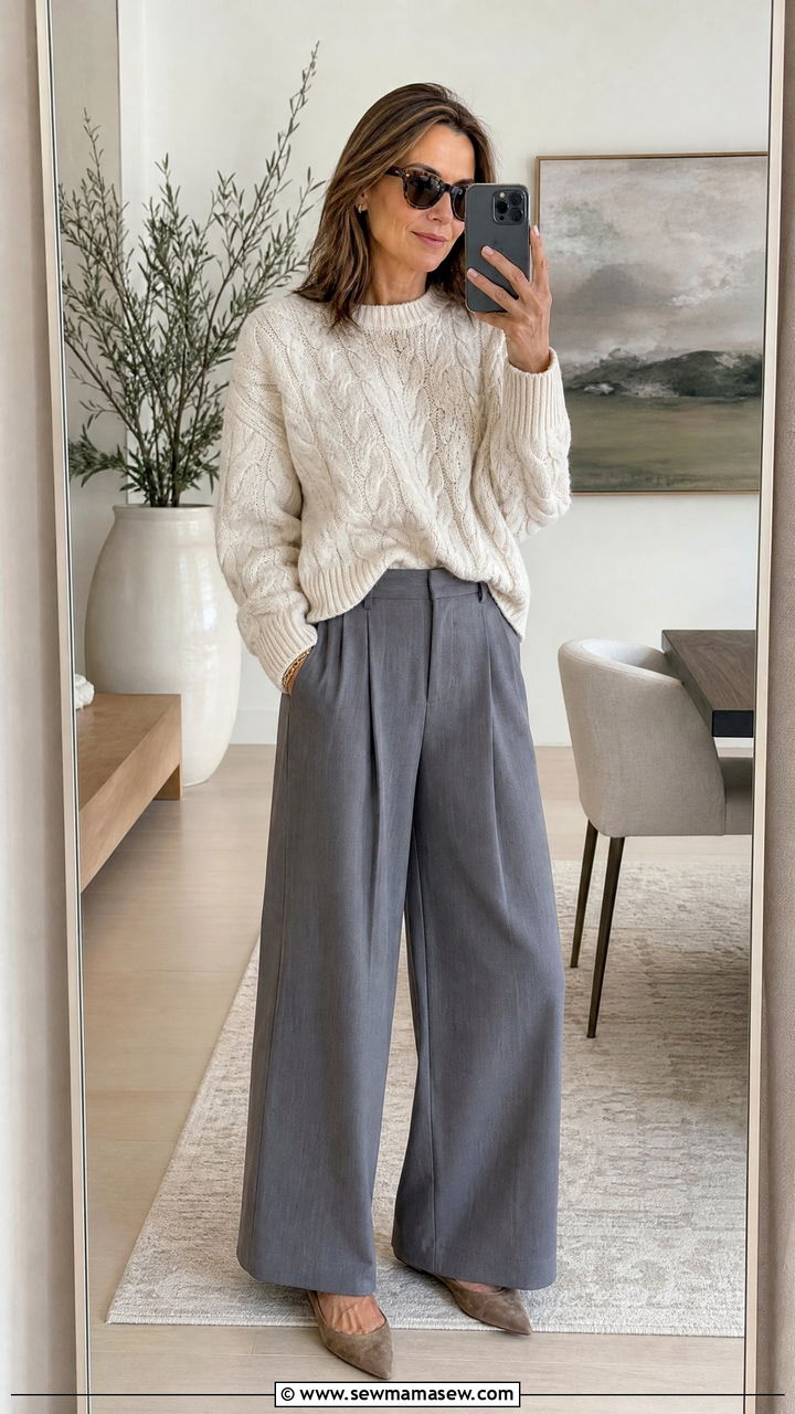 Cable knit sweater with wide leg pants outfit - 30 Stylish outfits for grandmas