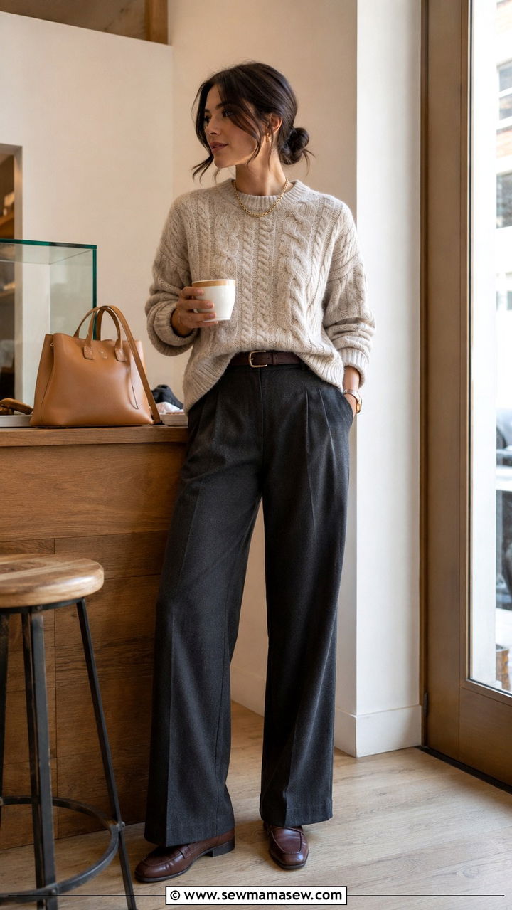 Cable knit sweater with wide leg trousers - 30 Old money work outfit ideas