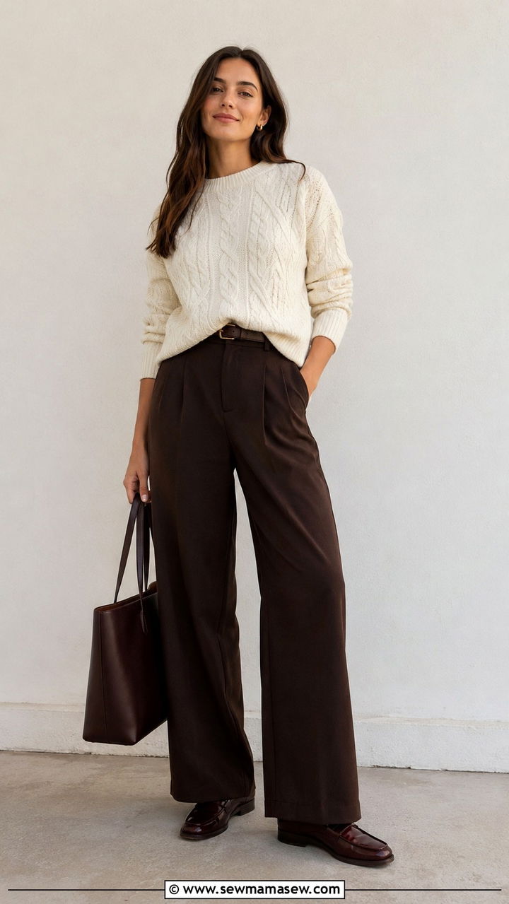 Cable knit sweater with wide leg trousers and leather loafers - 30 Grandma chic outfit ideas