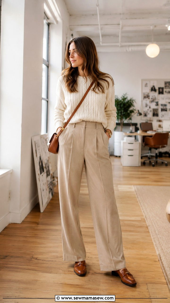 Cable knit sweater with wide leg trousers and loafers - 30 Sweater outfit ideas for work