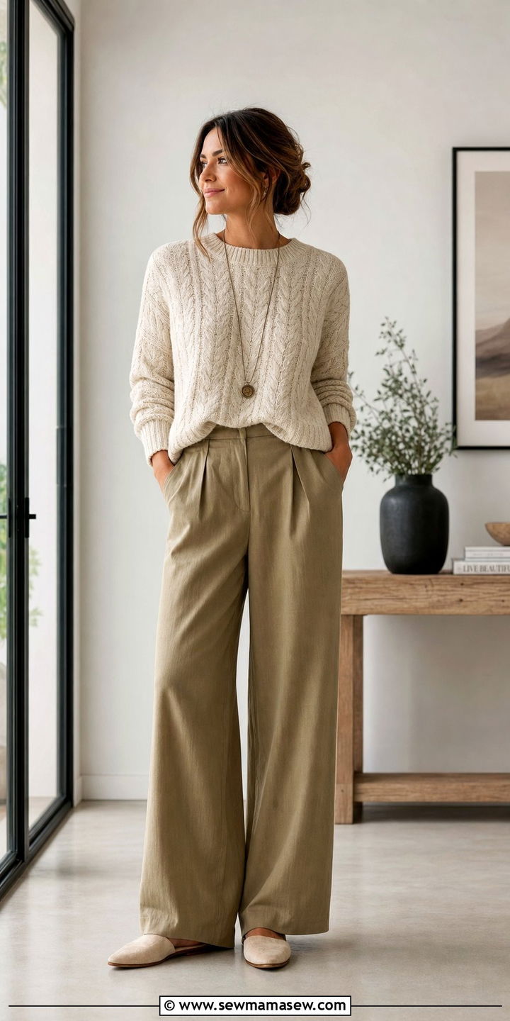 Cable knit sweater with wide leg trousers - 35 Cable knit sweater outfit ideas