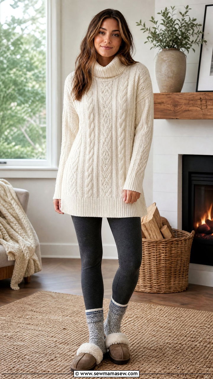 Cable knit tunic with thermal leggings - 35 Hygge loungewear outfit ideas