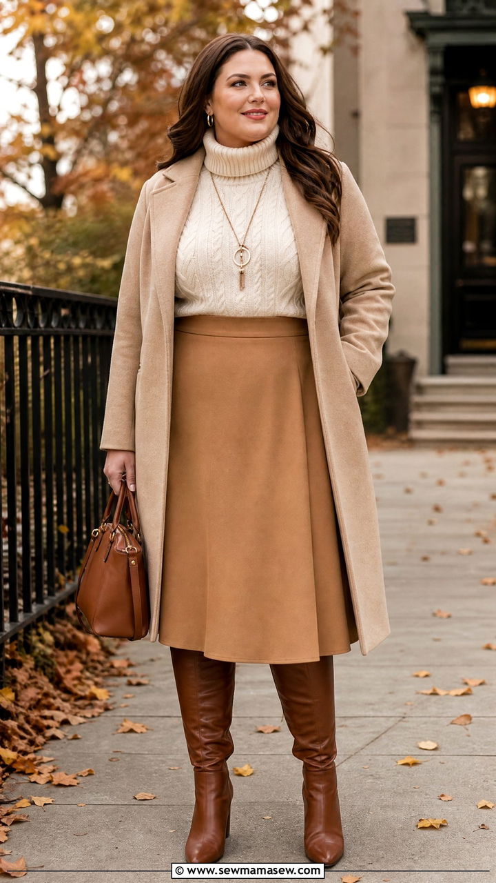 Cable knit turtleneck and A line skirt outfit for women with tummy - 25 casual outfits for women with tummy