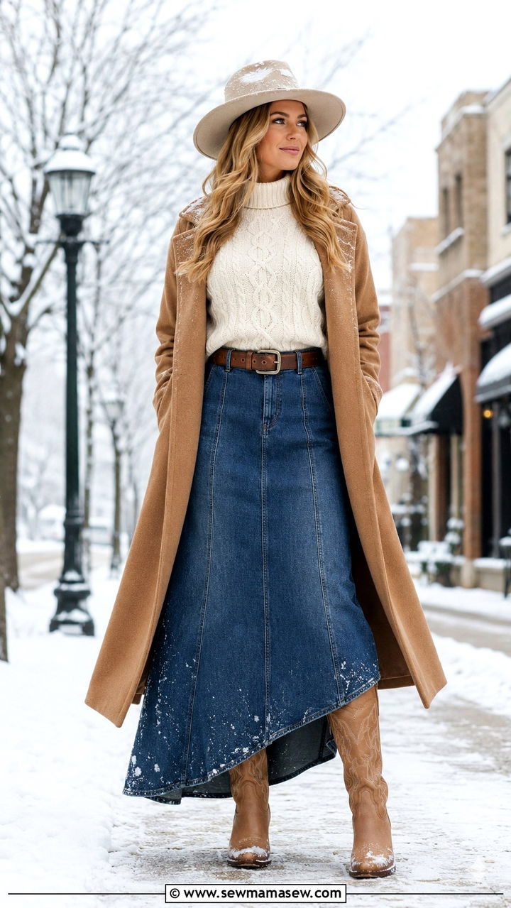 Cable knit turtleneck long denim skirt with knee high cowboy boots - 30 Long denim skirt outfit ideas with cowboy boots