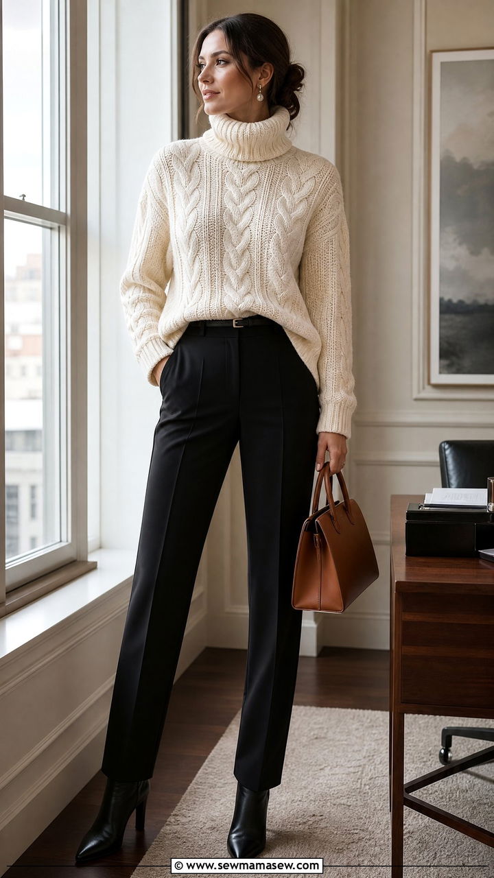 Cable knit turtleneck tailored trousers - 25 Business casual outfits with turtleneck