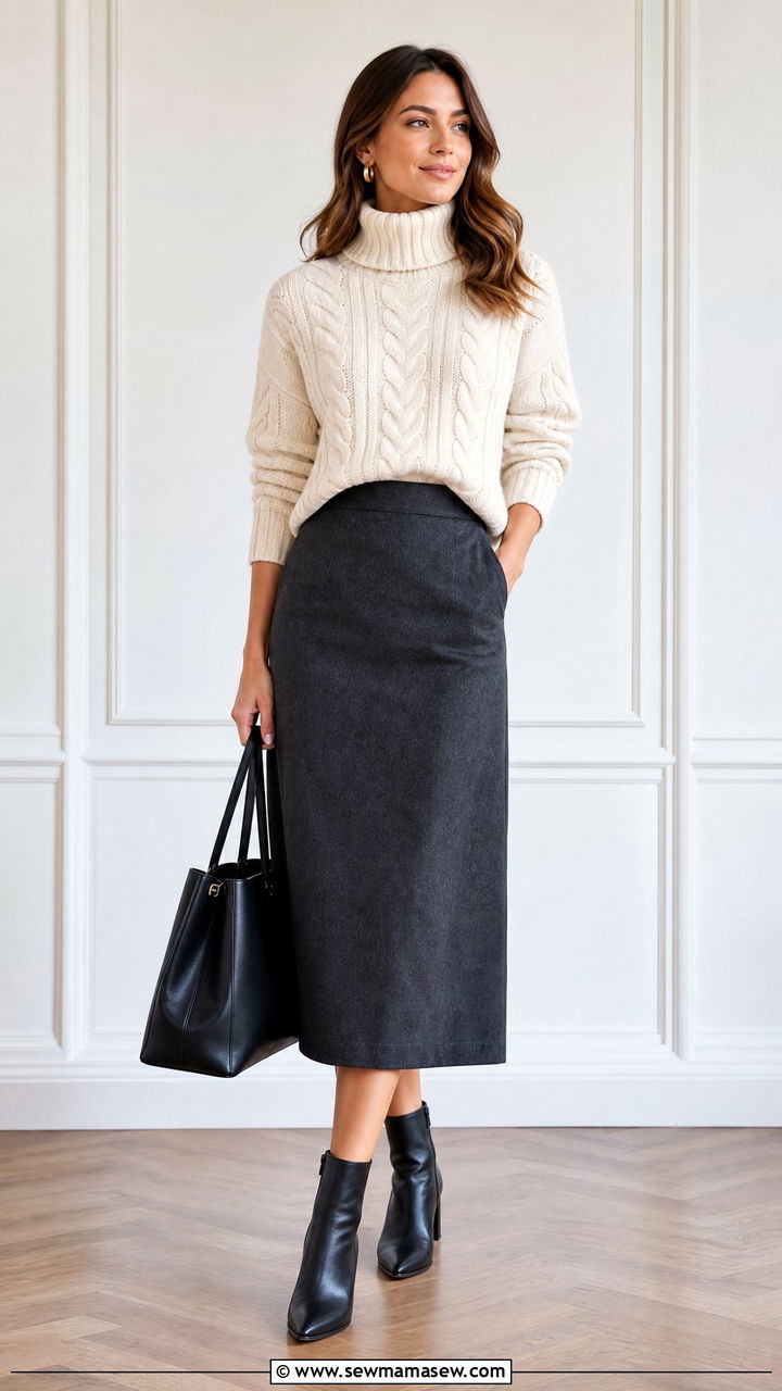 Cable knit turtleneck with midi skirt office - 30 Stylish office outfit ideas