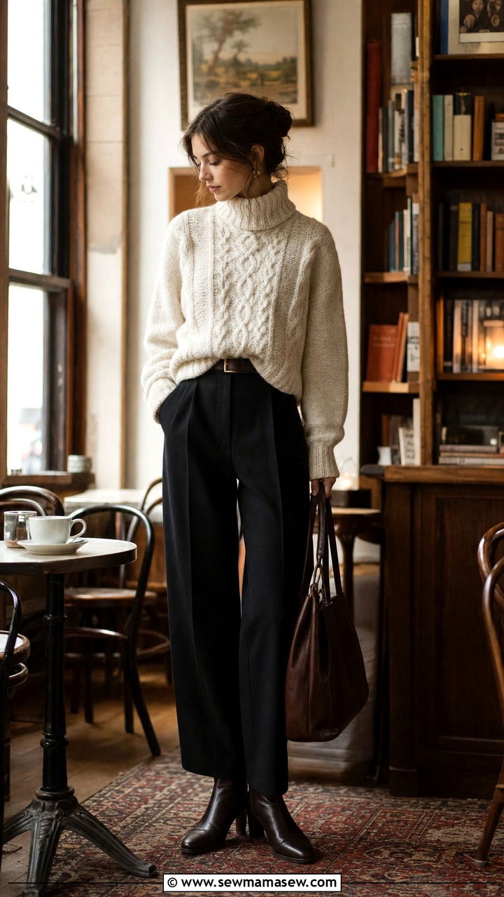Cable knit turtleneck with tailored trousers - 25 dark academia outfits inspo