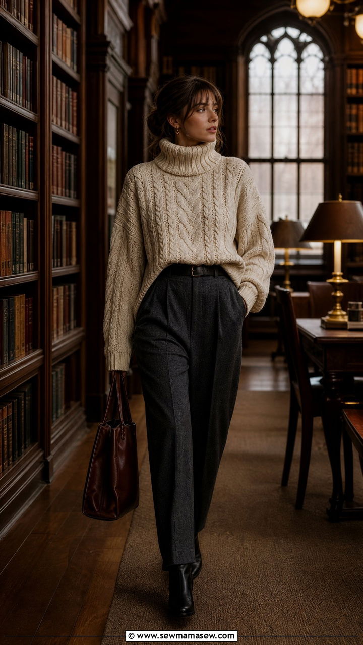 Cable knit turtleneck with tailored trousers outfit - 30 dark academia outfits ideas