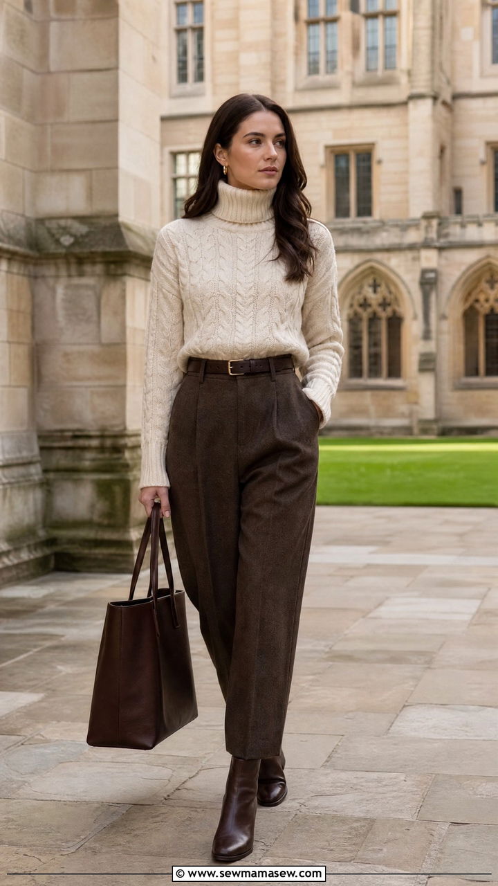 Cable knit turtleneck with tailored trousers outfit - 25 classy dark academia outfit ideas