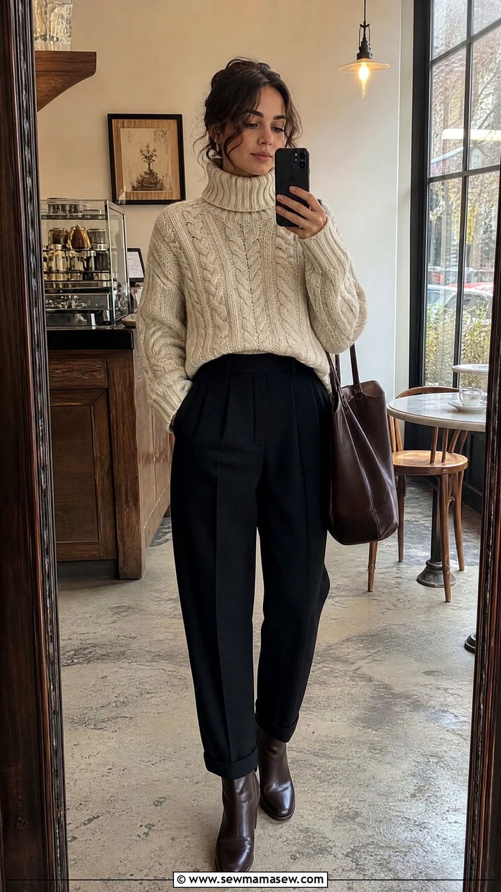Cable knit turtleneck with tailored trousers - 25 classy dark academia outfits