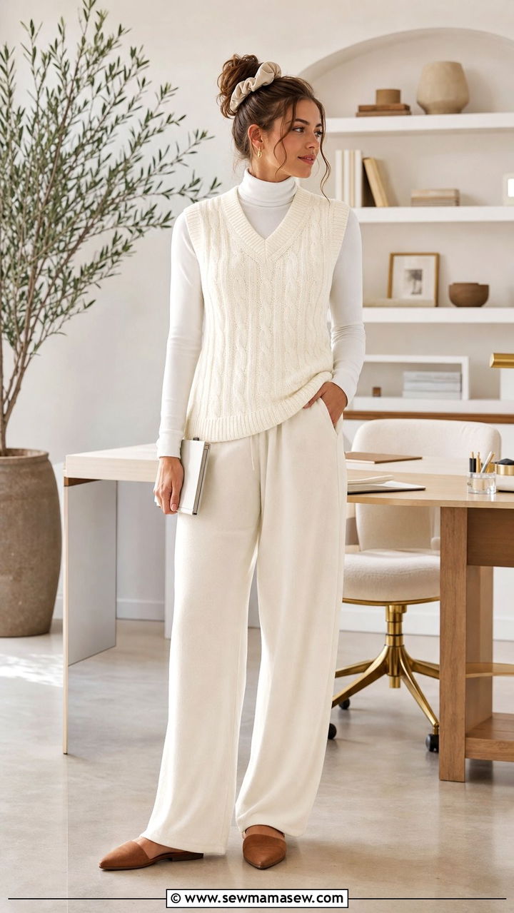 Cable knit vest and matching wide leg lounge pants - 25 Spring at home outfit ideas
