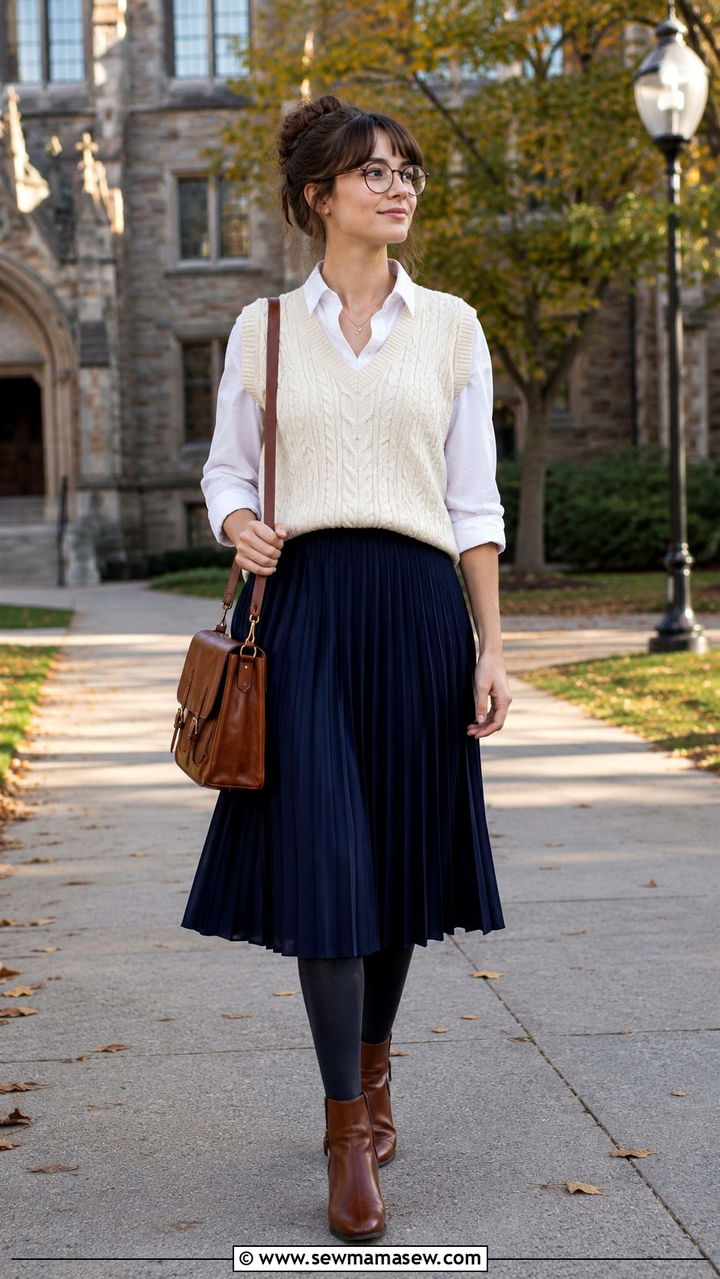 Cable knit vest and pleated skirt outfit - 30 librarian core outfits ideas