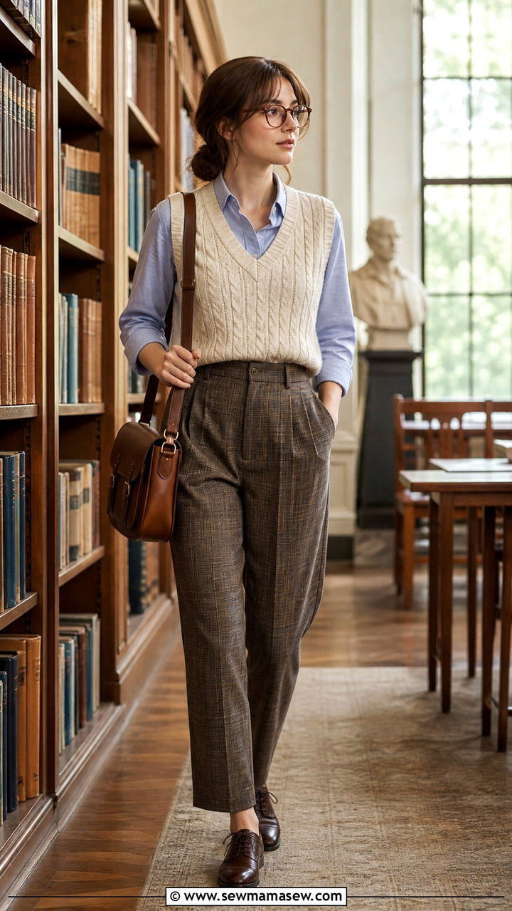 Cable knit vest with button down shirt and plaid trousers outfit - 40 light academia outfits