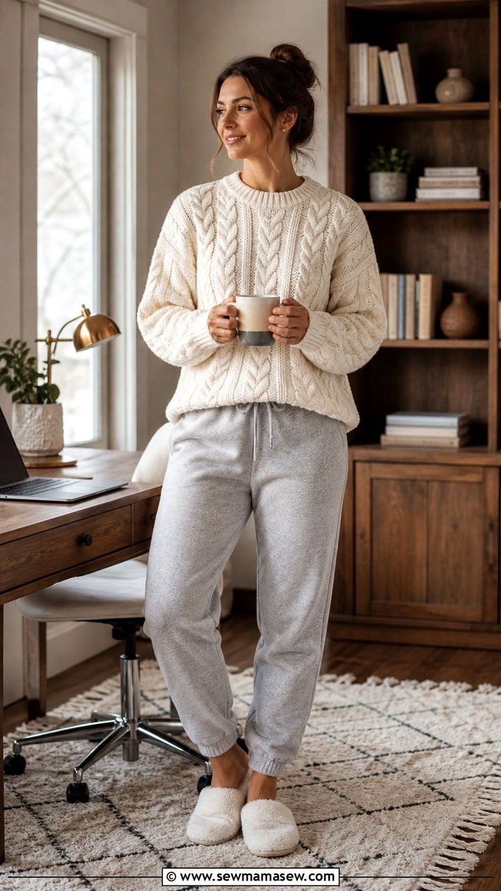 CableKnit Sweater And Fleece Joggers For Cold Weather WFH - 40 Work from home outfit ideas