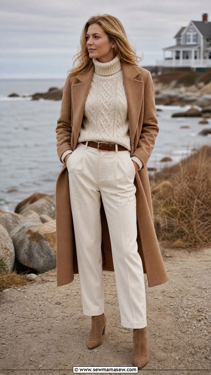 Cabled Turtleneck and Ivory Trousers - 25 classy coastal grandmother outfit ideas