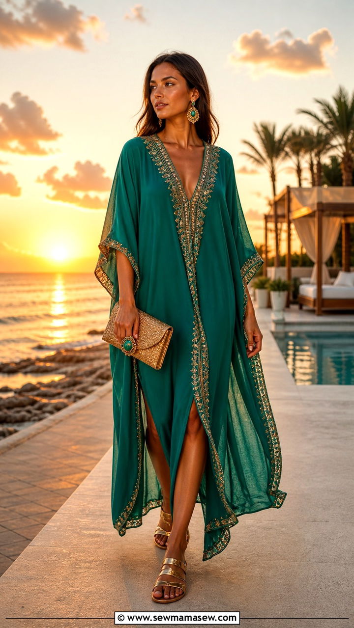 Caftan Cover Up With Metallic Sandals - 40 Summer beach outfits