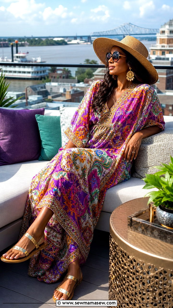 Caftan with Gold Sandals for a Poolside or Rooftop Lounge Look - 40 What to wear in New Orleans