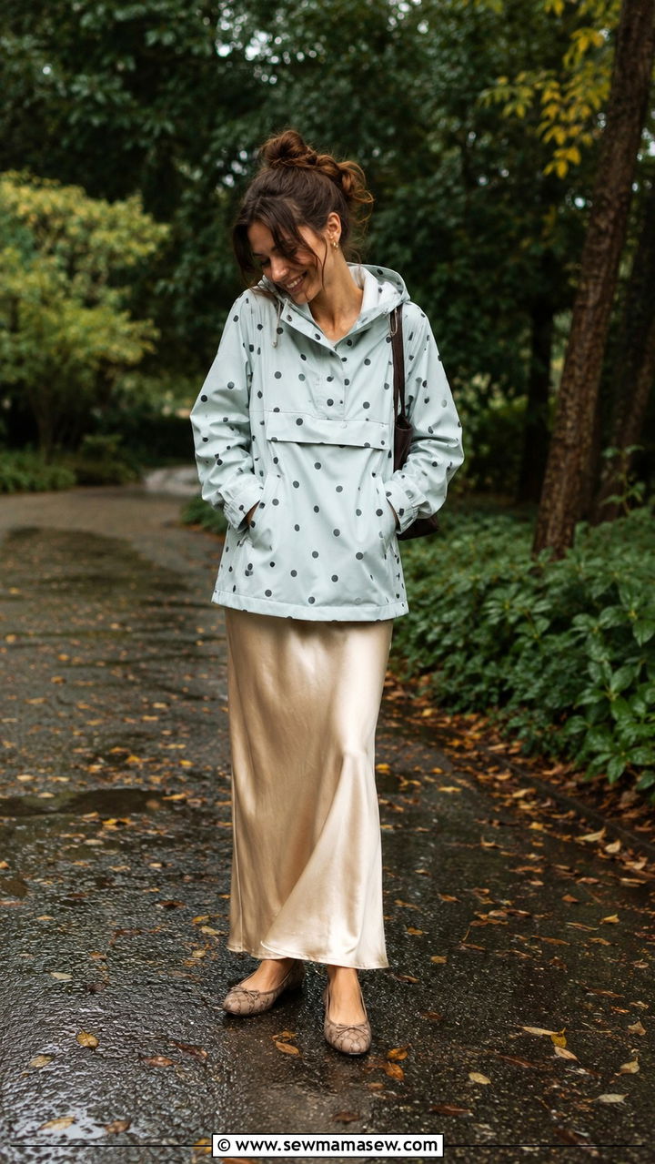 Cagoule With Satin Slip Skirt And Ballet Flats - 25 rainy day outfits Pinterest
