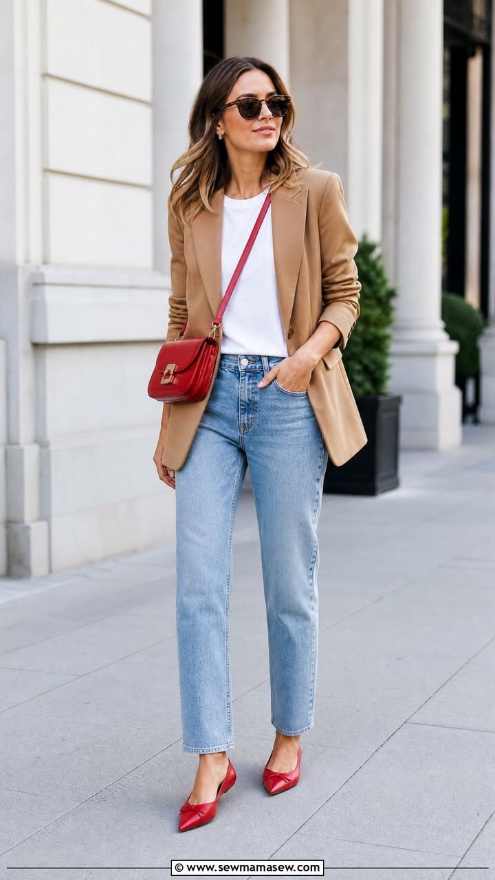 Camel And Red Accent Outfit - 30 spring camel outfit ideas