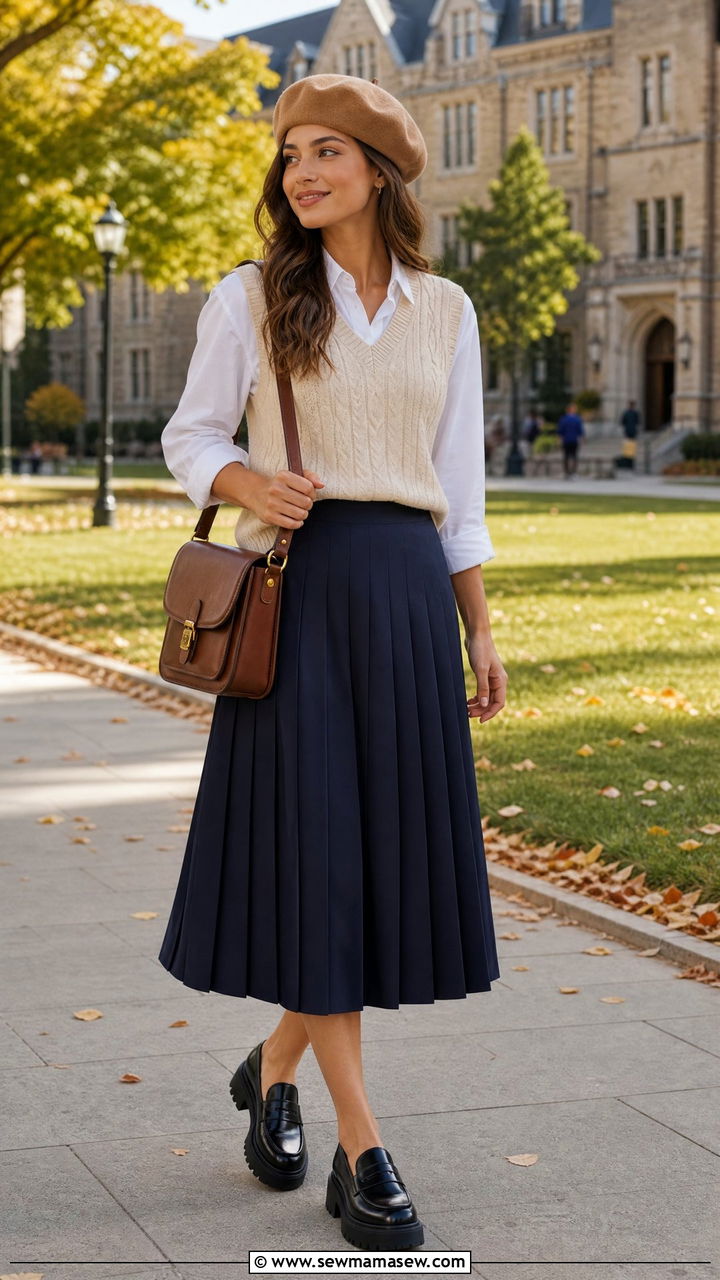 Camel Beret With Sweater Vest And Pleated Midi Skirt - 25 How to style a beret
