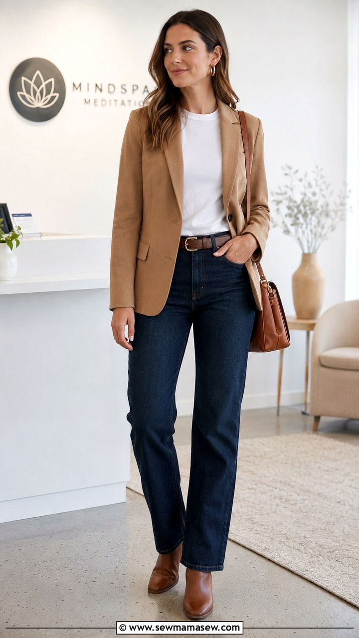 Camel Blazer And Dark Jeans For Mediation - 30 Mediation outfit ideas