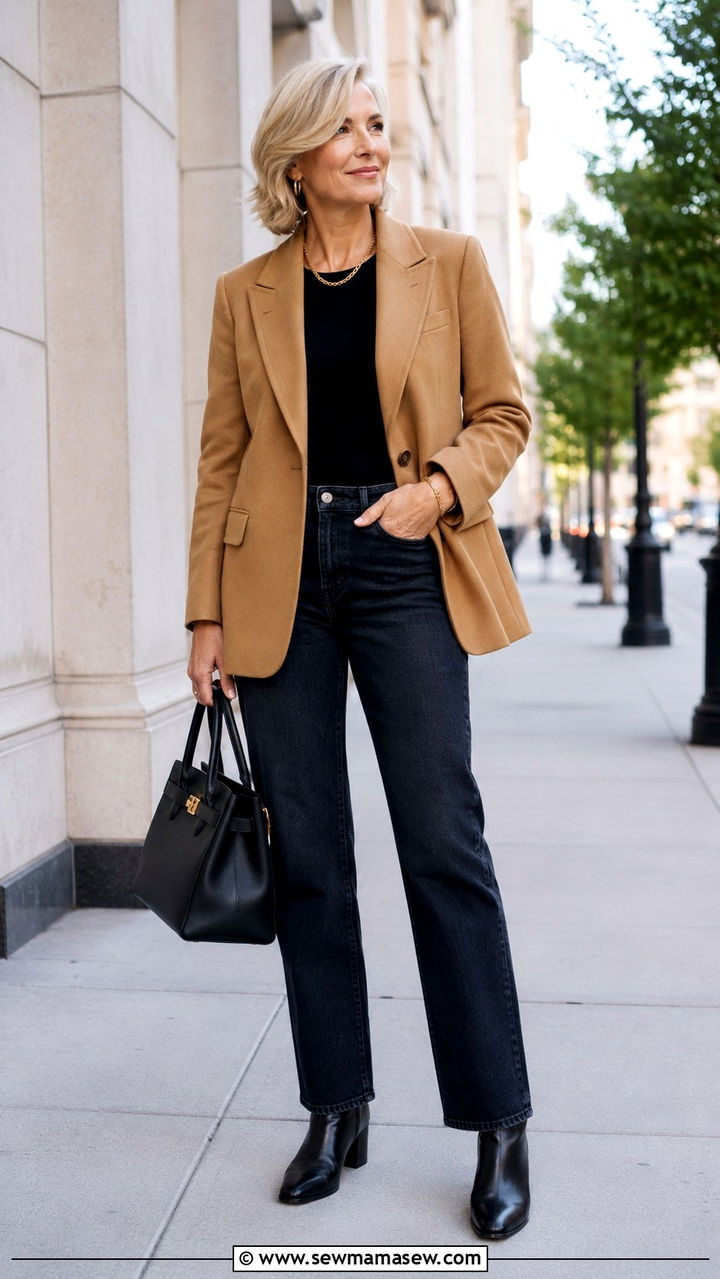 Camel Blazer And Dark Jeans - 30 Minimalist outfit ideas for women over 50