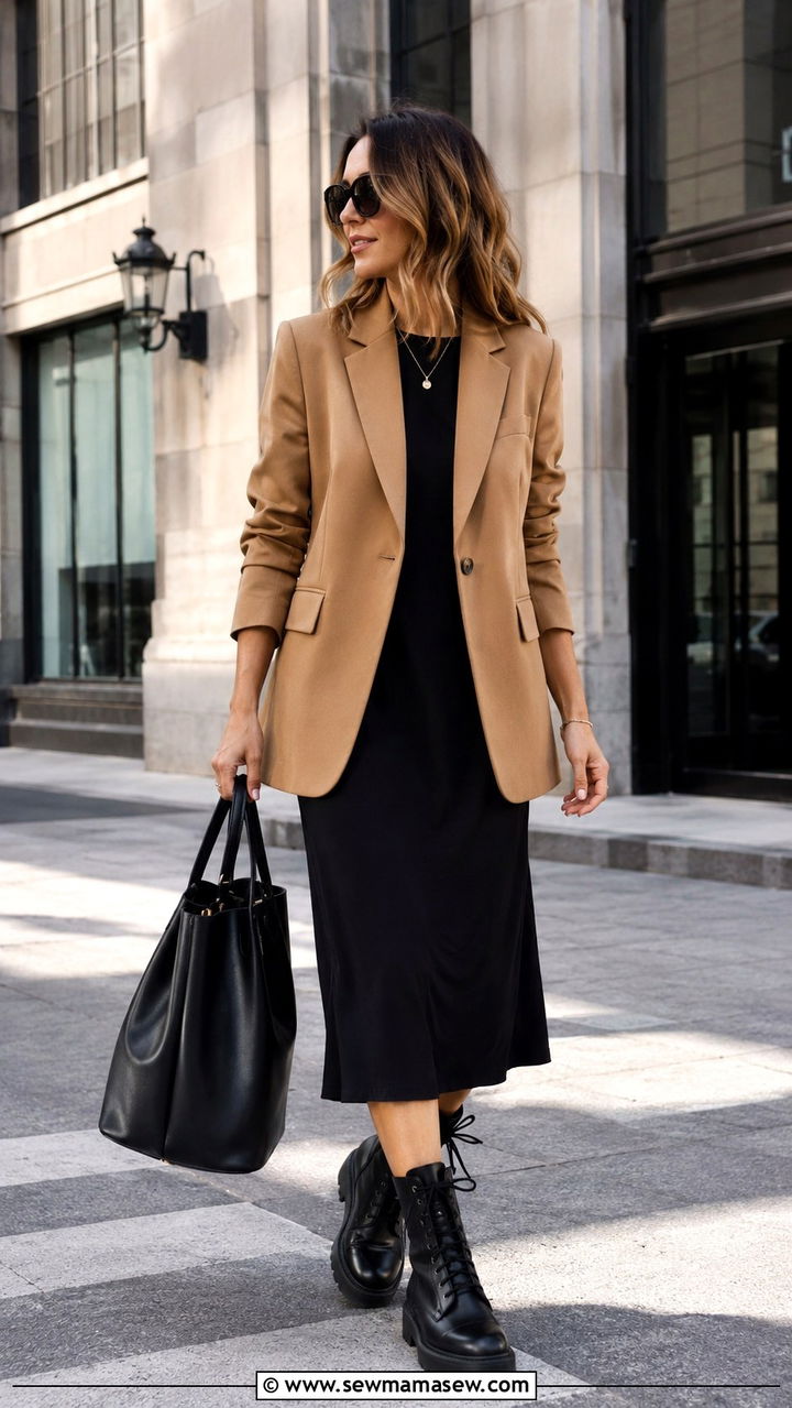 Camel Blazer Over a Black Midi Dress with Combat Boots - 25 work outfits Pinterest