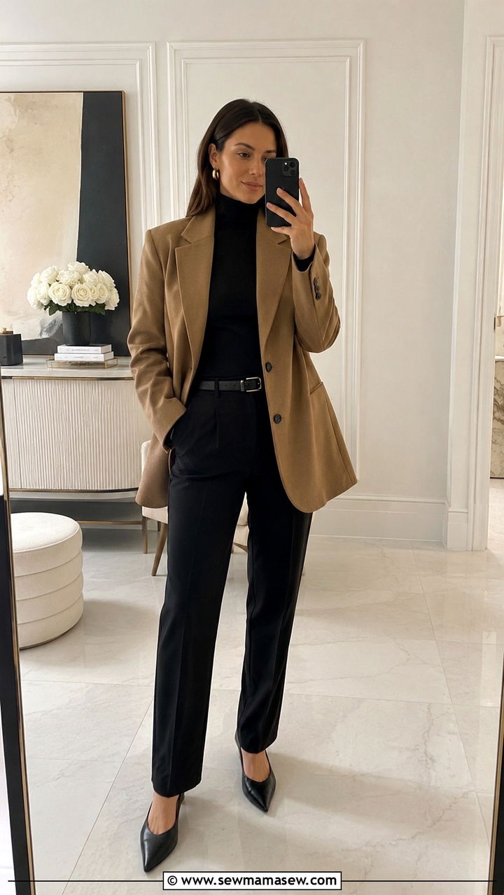 Camel Blazer With Black Turtleneck And Trousers - 30 Quiet luxury outfit ideas 2026