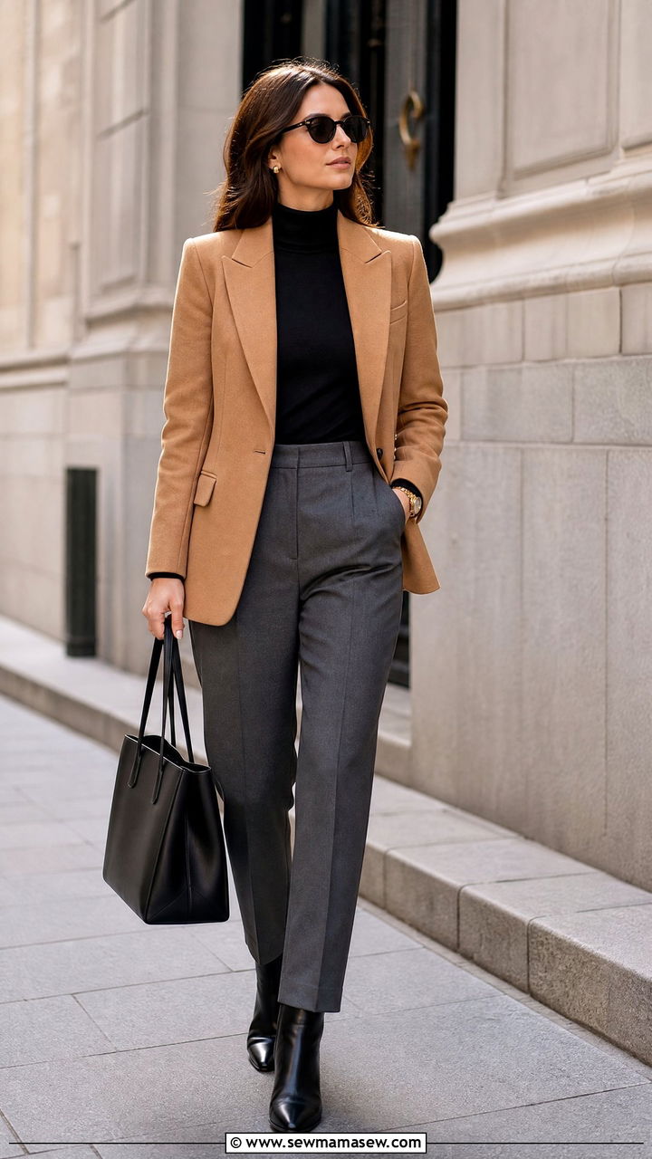 Camel Blazer With Black Turtleneck and Grey Trousers - 35 Minimalist work outfits