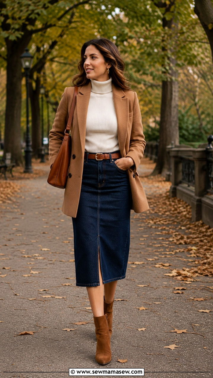 Camel Blazer With Denim Midi Skirt - 30 Denim skirt outfit ideas with a blazer