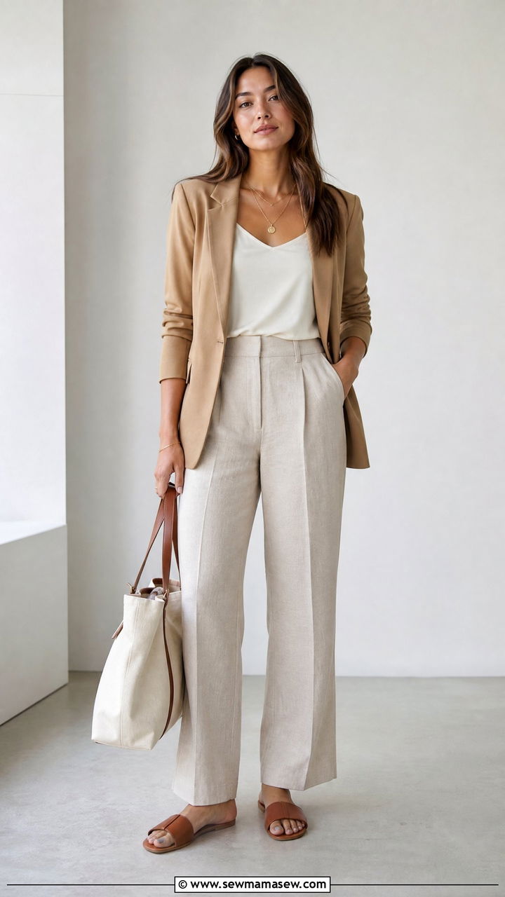 Camel Blazer With Linen Trousers For Spring - 30 Confident spring outfit ideas