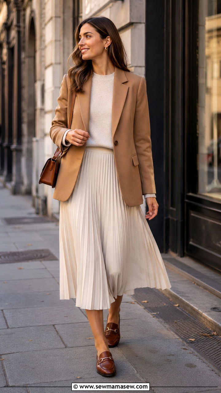 Camel Blazer With Pleated Midi Skirt And Loafers - 30 Pleated skirt outfit ideas with a blazer