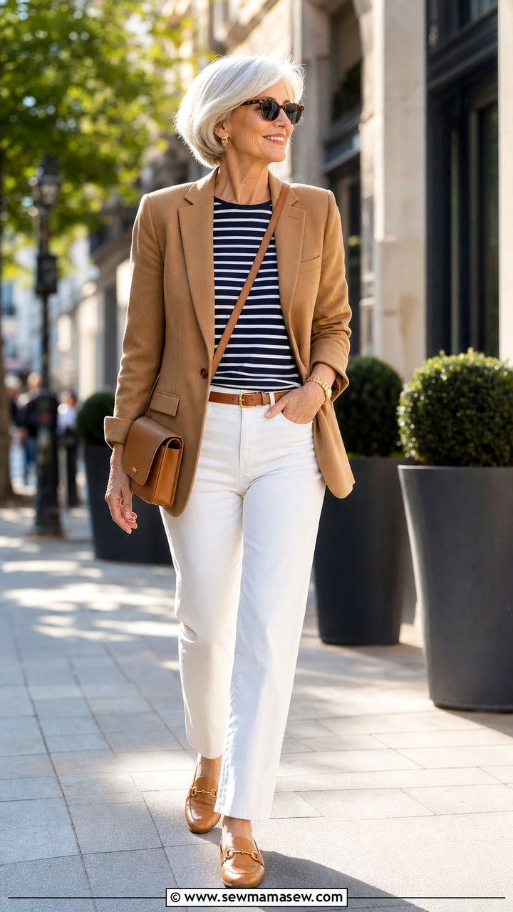 Camel Blazer With Striped Breton Top and White Jeans - 35 Business casual outfits for women over 60
