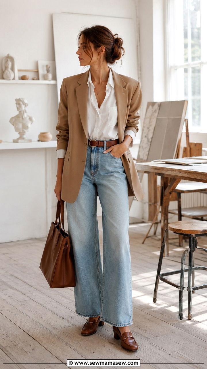 Camel Blazer With White Blouse And Wide Leg Jeans - 30 light academia outfits inspo
