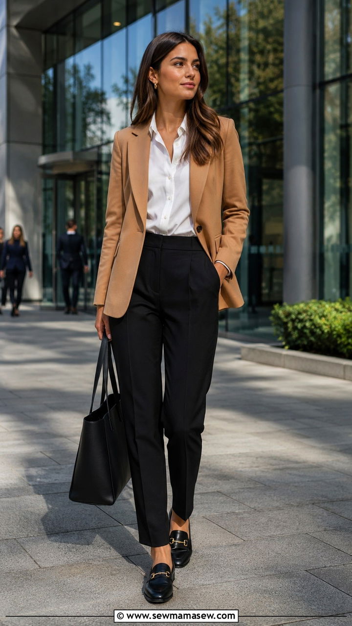 Camel Blazer With White Button Down And Black Trousers - 30 HR conference outfit ideas