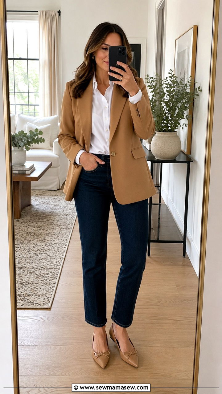 Camel Blazer With White Button Down And Dark Denim - 25 Old money outfit ideas with blazer
