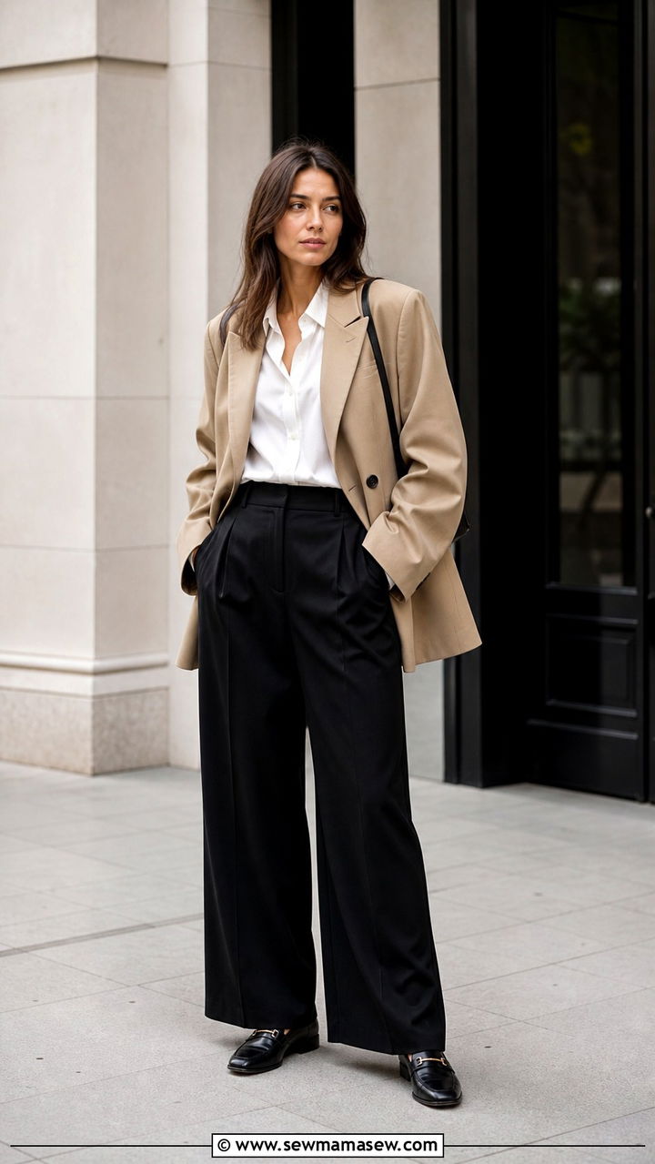 Camel Blazer With White Button Up And Black Wide Leg Trousers - 40 casual blazer outfits