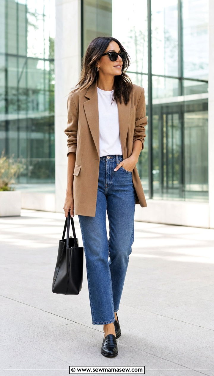 Camel Blazer With White Tee Blue Jeans and Loafers - 25 Early April outfit ideas