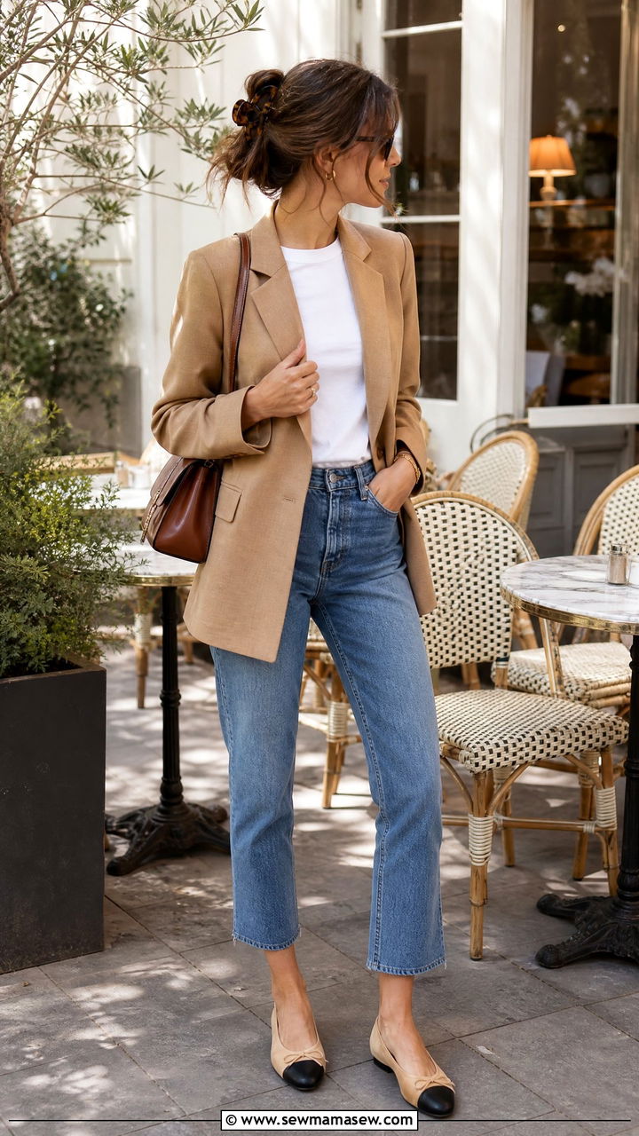 Camel Blazer With White Tee and Cropped Straight Leg Jeans Messy Bun - 25 French girl outfit ideas with messy bun